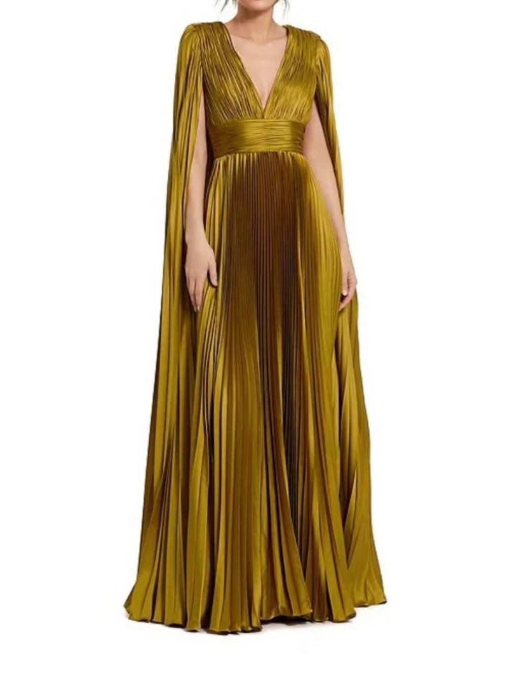 MAC Cosmetics Olive Metallic Pleated V-Neck Cape Gown